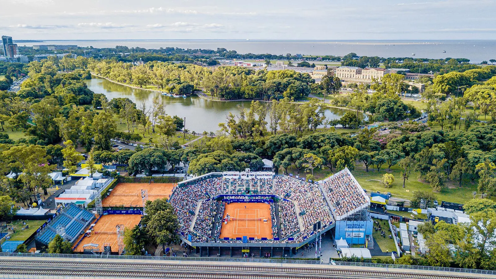 Aerial view of the Buenos Aires Lawn Tennis Club central court full of spectators during the 2025 Argentina Open