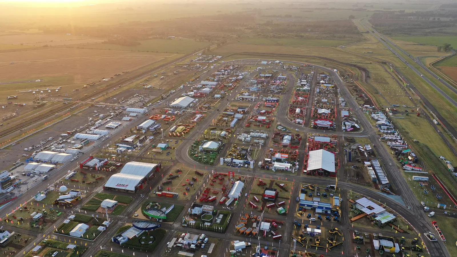 Aerial view of the Expoagro show grounds with stands and machinery in 2020