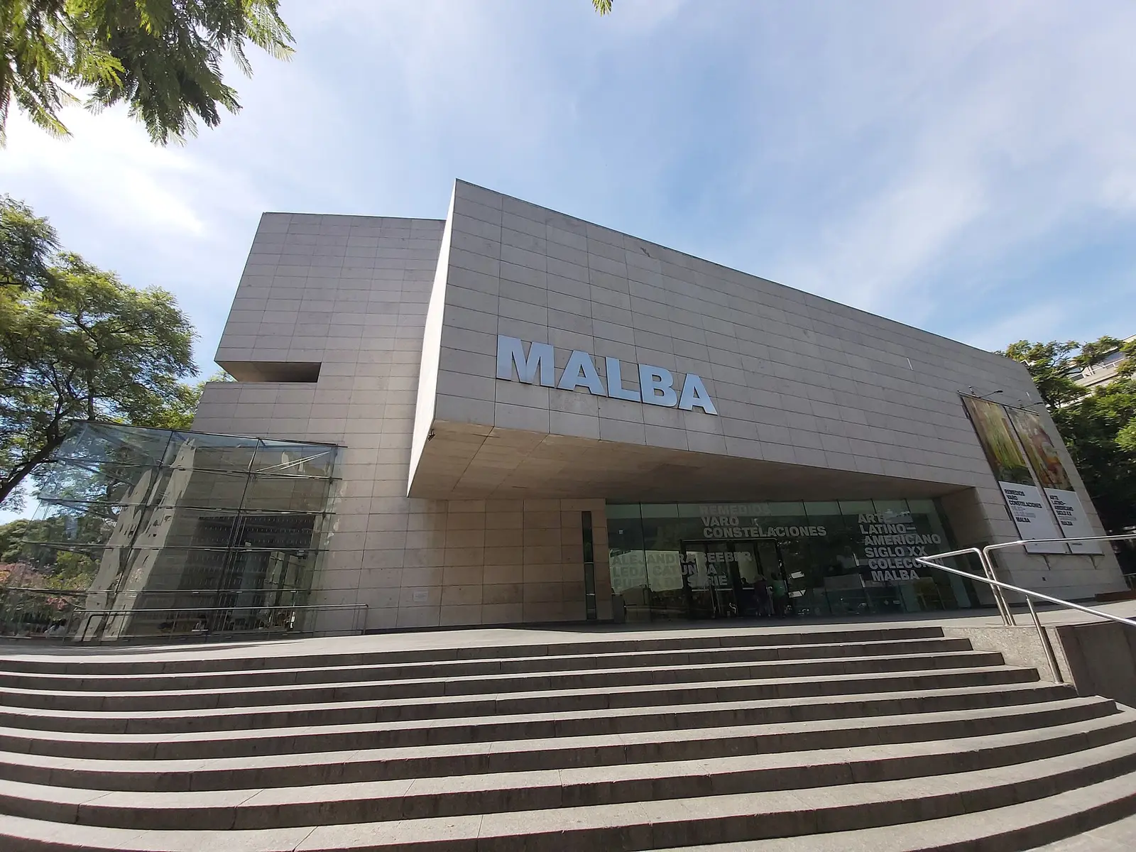 Angular stone facade of the Malba museum with its entrance staircase in Buenos Aires