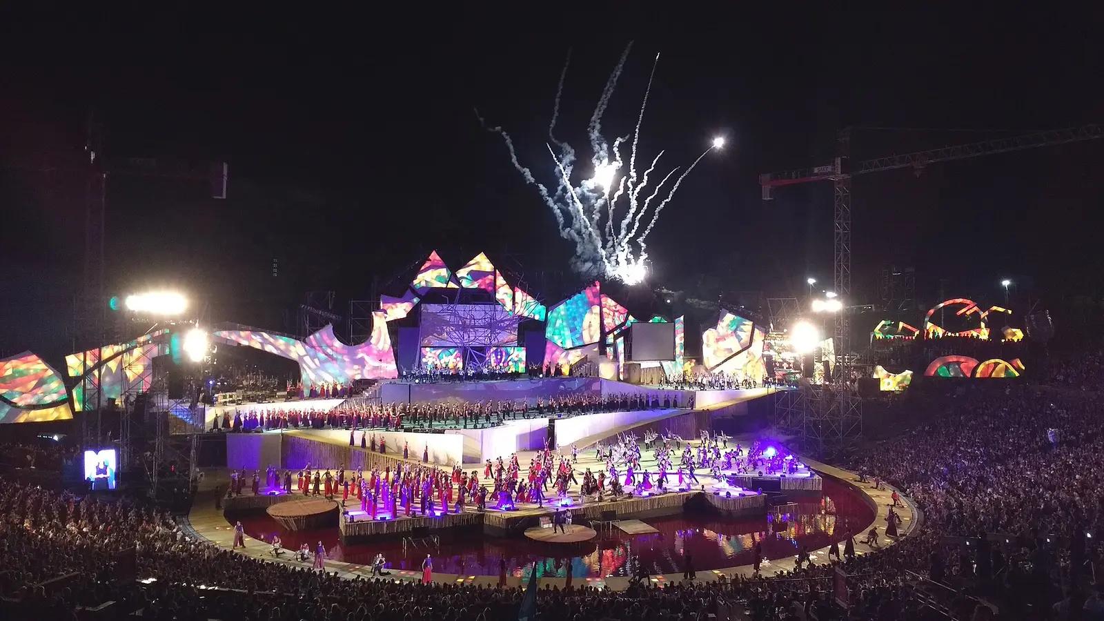 Night show of the Fiesta Nacional de la Vendimia at the Teatro Griego Frank Romero Day in Mendoza with fireworks